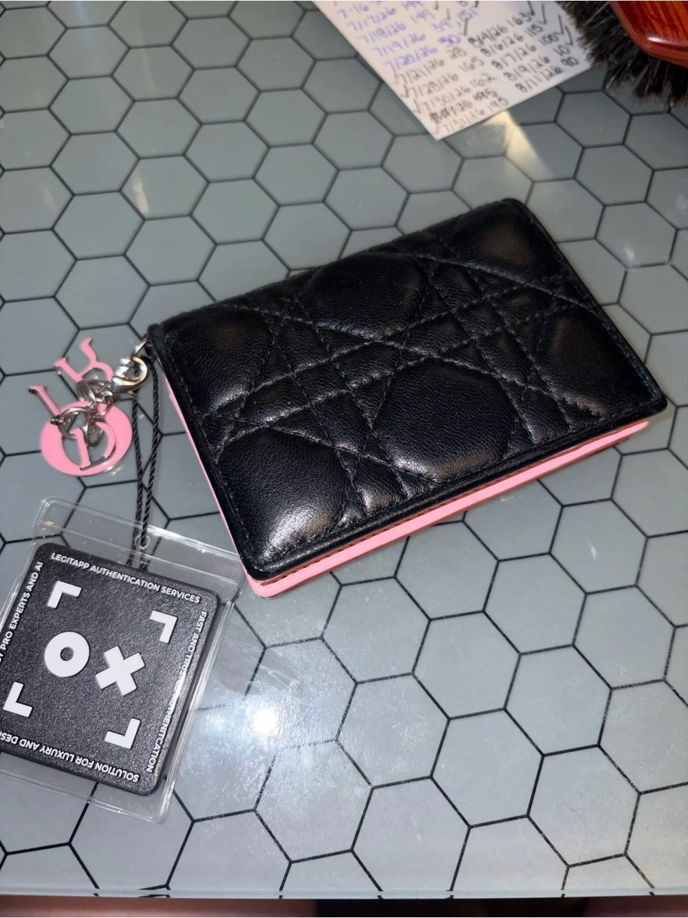 Dior Lady Bloom Black Cannage Lambskin Card Holder with Pink Charms